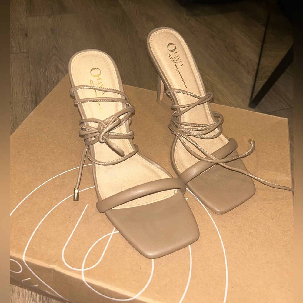 Square toe nude heels that wrap around the ankle